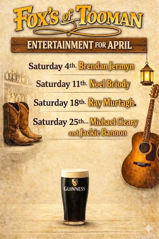 Fox's of Tooman entertainment schedule poster with guitar, cowboy boots and Guinness pint